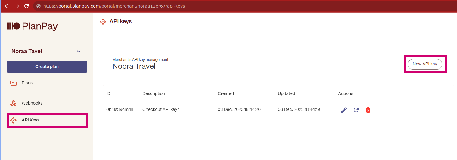 PlanPay API keys view under the merchant account section.
