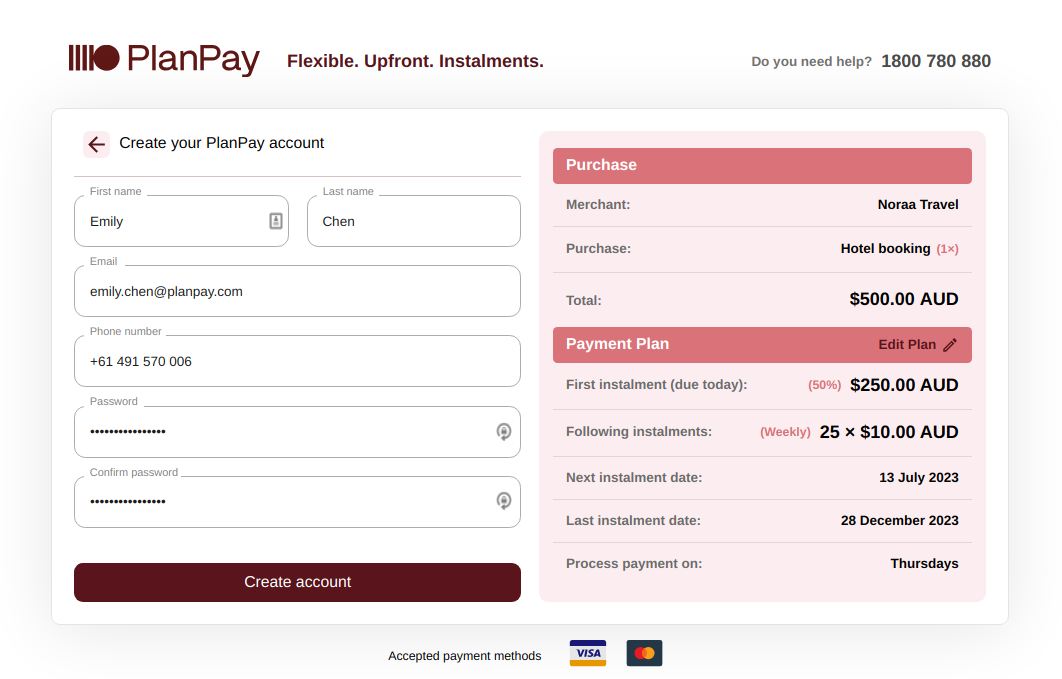 Screenshot of PlanPay sign-up form, with inputs to enter your name, email, phone number and password.