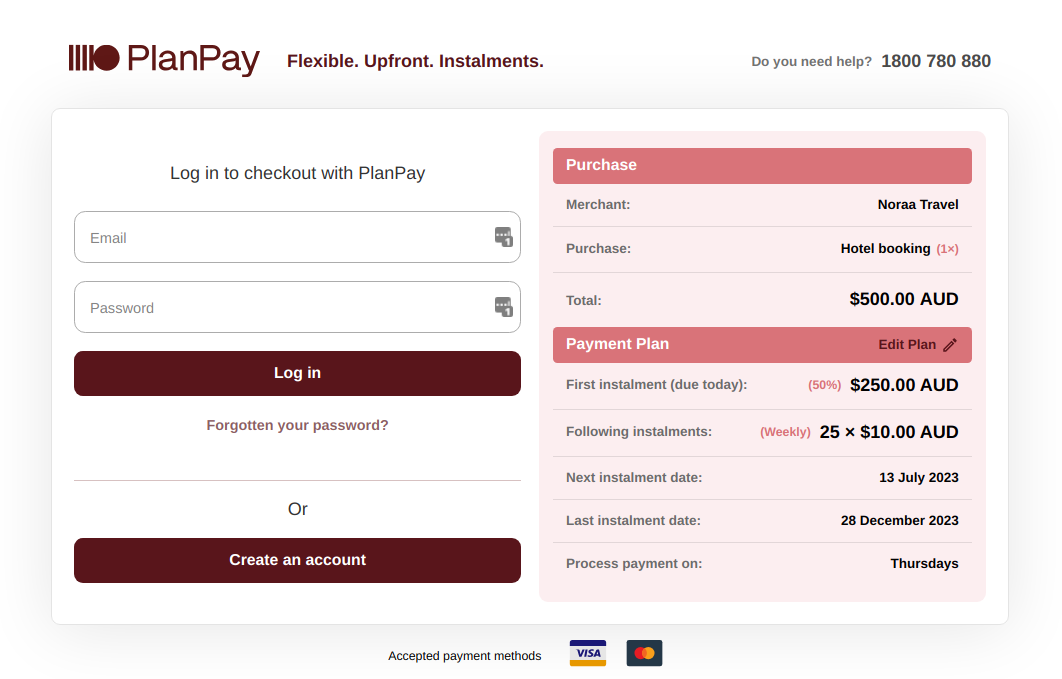 Screenshot of PlanPay login/sign-up prompt, with email and password fields and options to sign in or sign up.