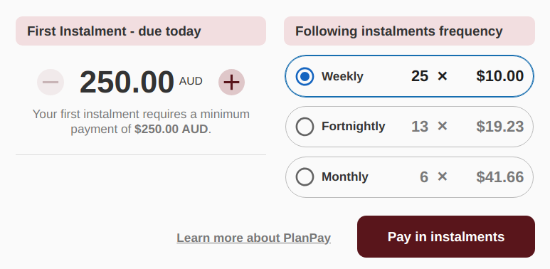 Screenshot of PlanPay checkout price preview, displaying the configurable amount to pay today, weekly, fortnightly, and monthly cadence selection, as well as the resulting installment amount and count.