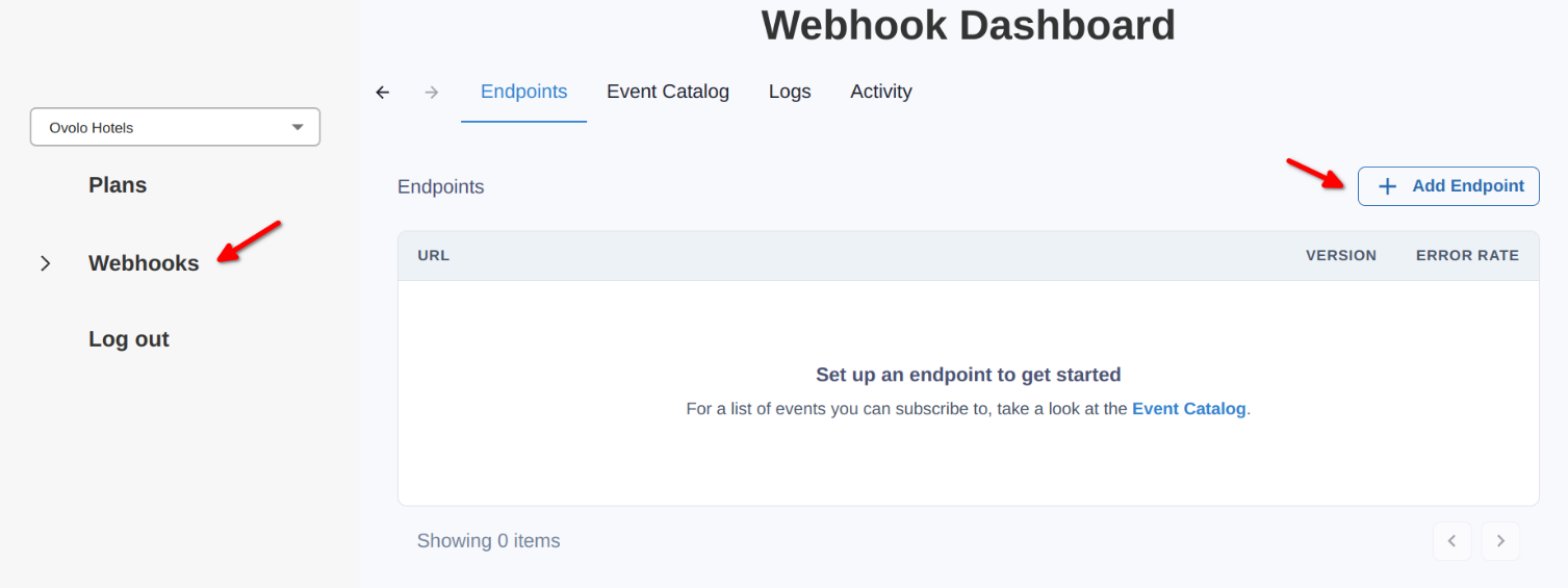 Screenshot of the PlanPay merchant dashboard. The &#39;Webhooks&#39; menu item is open. There is an option to &#39;Add Endpoint&#39; (for the webhook).