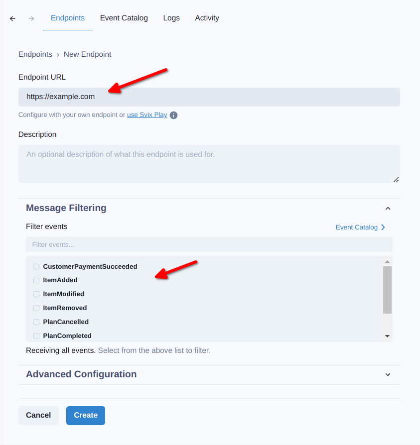 Screenshot of the PlanPay merchant dashboard. The &#39;Webhooks&#39; menu item is open. The &#39;Add Endpoint&#39; (for the webhook) option has been clicked. The user is now being prompted to enter an &#39;Endpoint URL&#39; for the webhook, and for several other options.