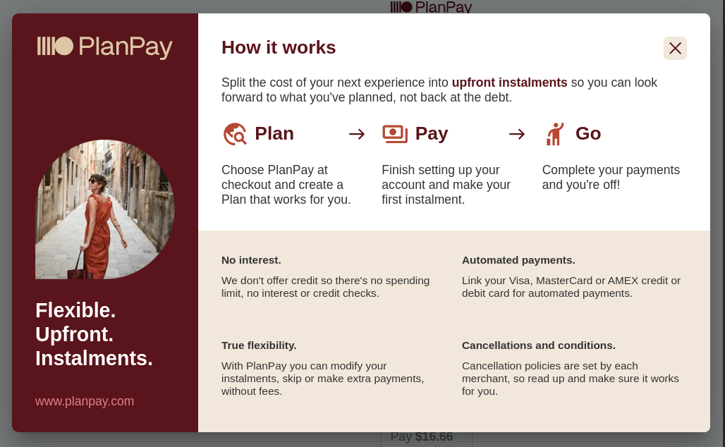 The default PlanPay popup describes to customers how they can use PlanPay to make a purchase using a payment plan, and uses the PlanPay branding.